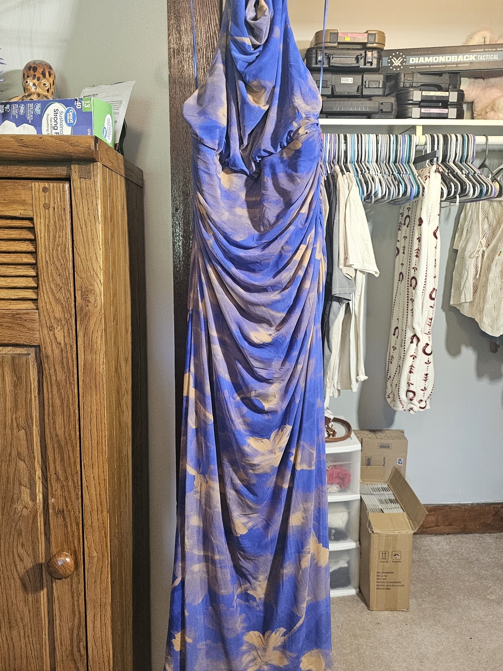 Zara Blue and Tan Floral Draped Maxi Halter Dress